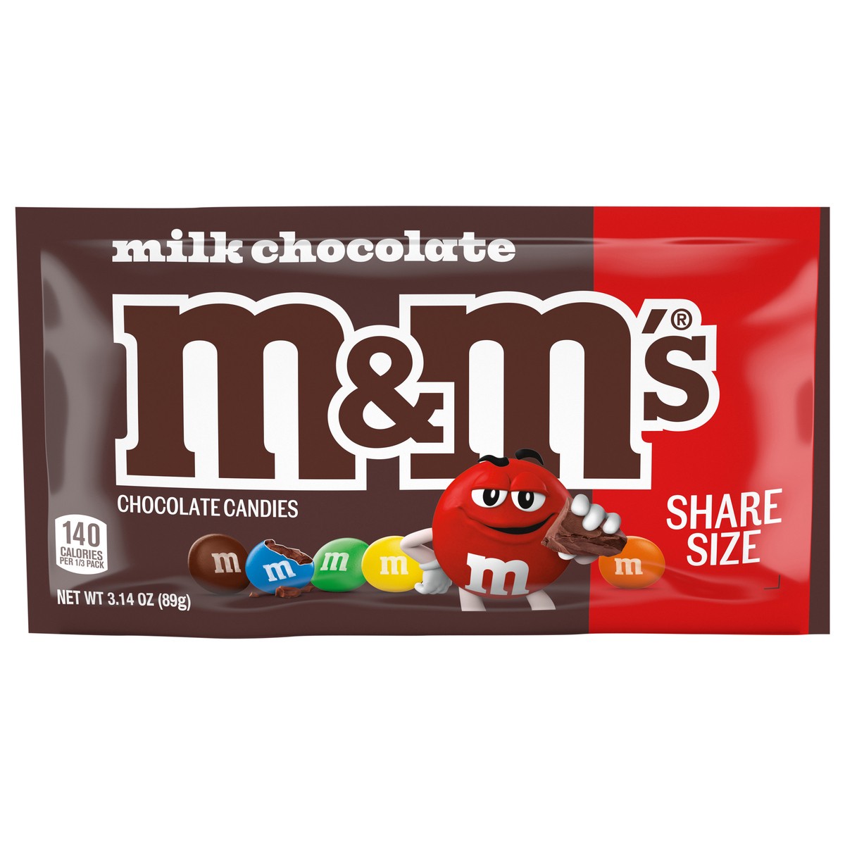 slide 1 of 8, M&M'S Milk Chocolate Candy, Share Size, 3.14 oz Bag, 3.12 oz