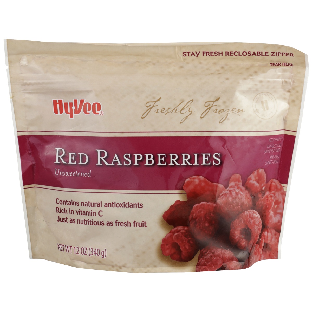 slide 1 of 1, Hy-vee Freshly Frozen Unsweetened Red Raspberries, 12 oz