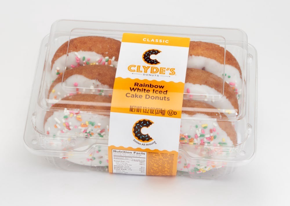 slide 1 of 10, Clyde's Clydes Classic Rainbow White Iced Cake Donuts 13.2 oz, 13.2 oz