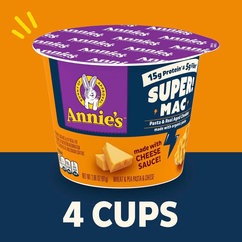 slide 2 of 8, Annie's Organic Real Aged Cheddar Protein Super Mac and Cheese Cups - 11.44oz/4ct, 11.44 oz, 4 ct