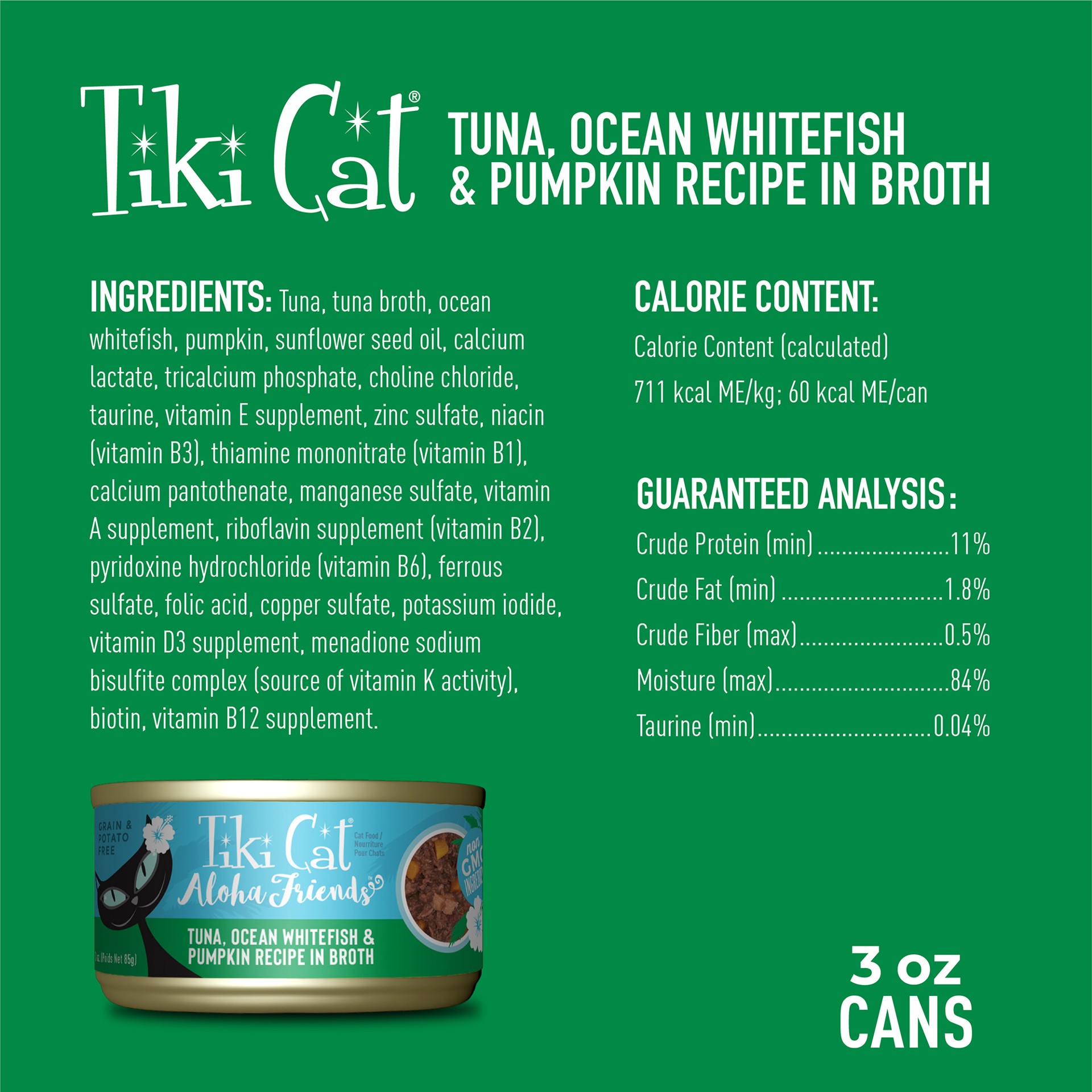 slide 4 of 8, Tiki Cat Aloha Friends Wet Cat Food, Tuna Ocean Whitefish & Pumpkin, 3 oz. Can, 3 oz