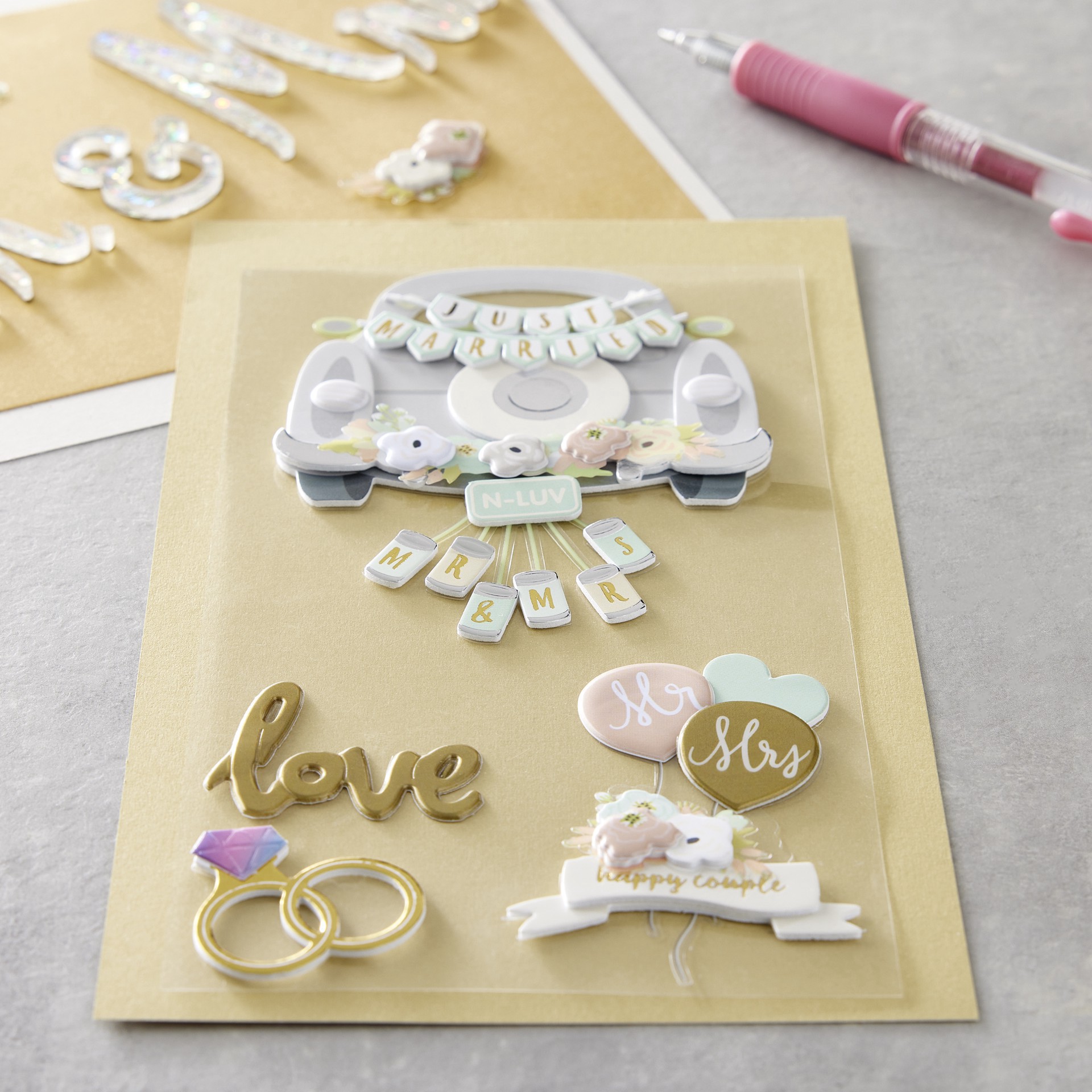 slide 2 of 3, Just Married Car Dimensional Stickers By Recollections, 4 in x 8.5 in