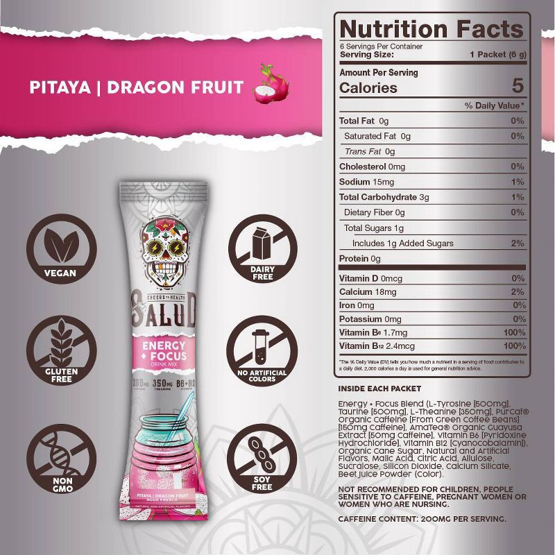 slide 4 of 6, Salud Energy + Focus Dragon Fruit Electrolyte Drink Mix - 6pk/0.21oz Packet Sticks, 6 ct, 0.21 oz