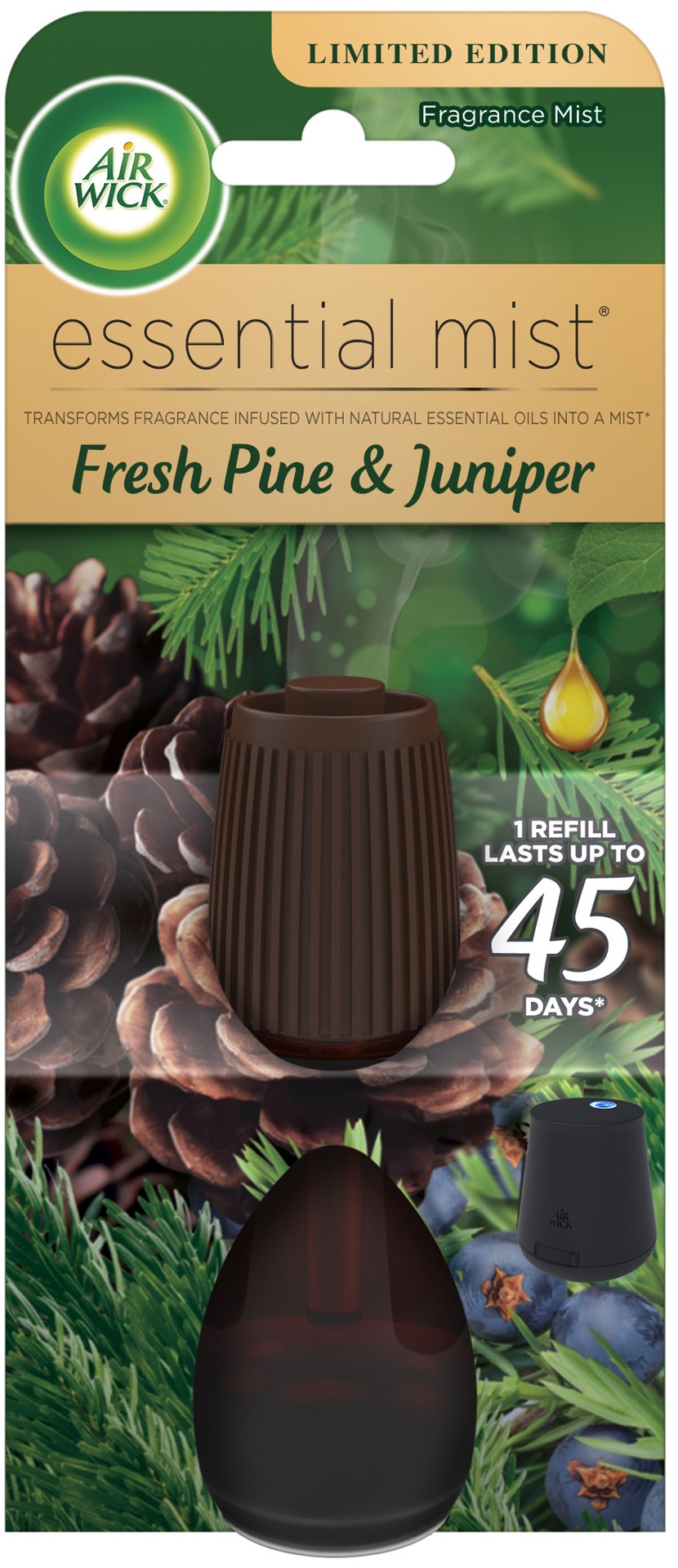 slide 1 of 9, Air Wick Essential Mist Refill, 1 ct, Fresh Pine and Juniper, Essential Oils Diffuser, Air Freshener, Fall scent, Fall decor, 1 ct