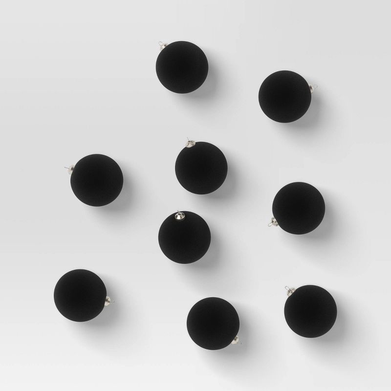 slide 1 of 4, 9ct 80mm Christmas Flocked Ball Ornament Set Black - Wondershop™, 9 ct