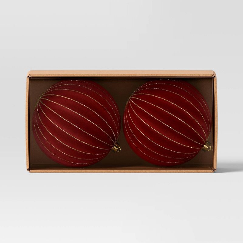 slide 3 of 4, 2ct Christmas 200mm Flocked Ribbed Glitter Ornament Set Dark Red - Wondershop™, 2 ct