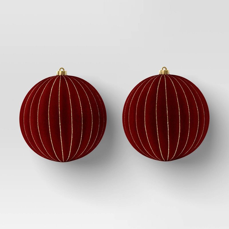 slide 1 of 4, 2ct Christmas 200mm Flocked Ribbed Glitter Ornament Set Dark Red - Wondershop™, 2 ct