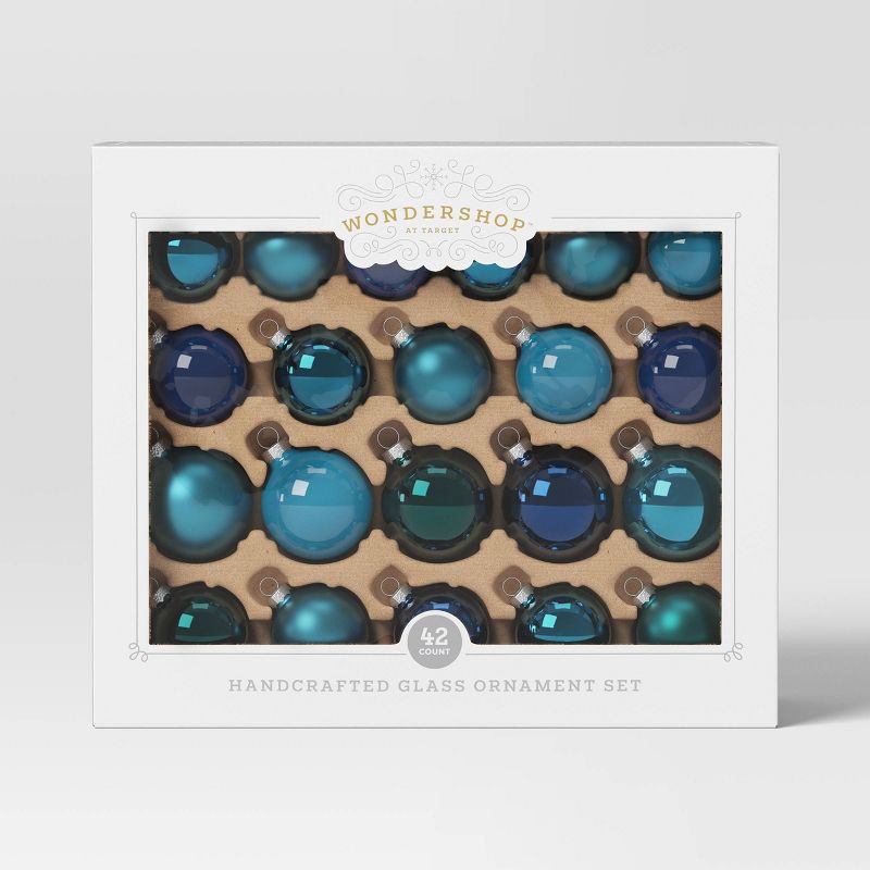 slide 3 of 3, 42pc Round Glass Christmas Tree Ornament Set Peacock/Dark Blue - Wondershop™, 42 ct