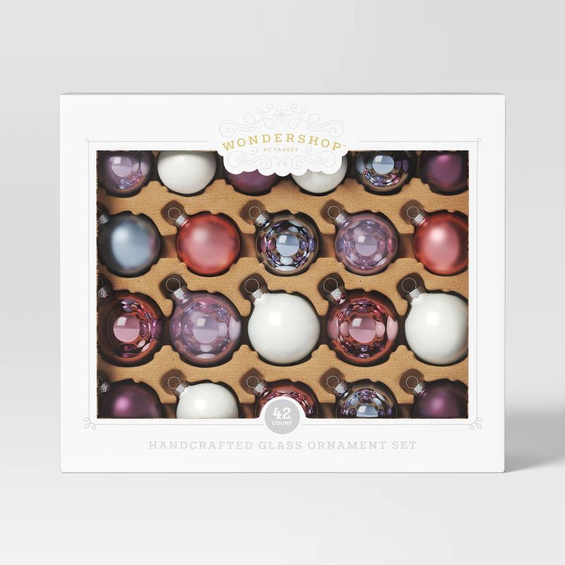 slide 3 of 3, 42pc Round Glass Christmas Tree Ornament Set Pink/Blush/White/Periwinkle - Wondershop™, 42 ct