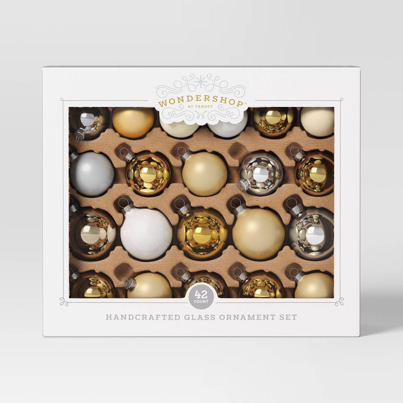 slide 3 of 3, 42pc Round Glass Christmas Tree Ornament Set Gold/Silver/White - Wondershop™, 42 ct