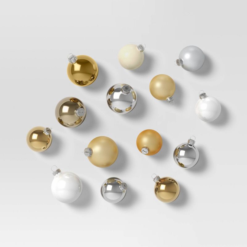 slide 1 of 3, 42pc Round Glass Christmas Tree Ornament Set Gold/Silver/White - Wondershop™, 42 ct