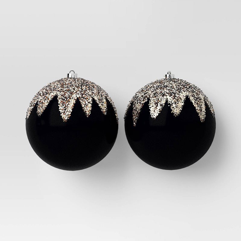 slide 1 of 3, 2ct Christmas 200mm Flocked Ball Chunky Glitter Ornament Set Black - Wondershop™, 2 ct