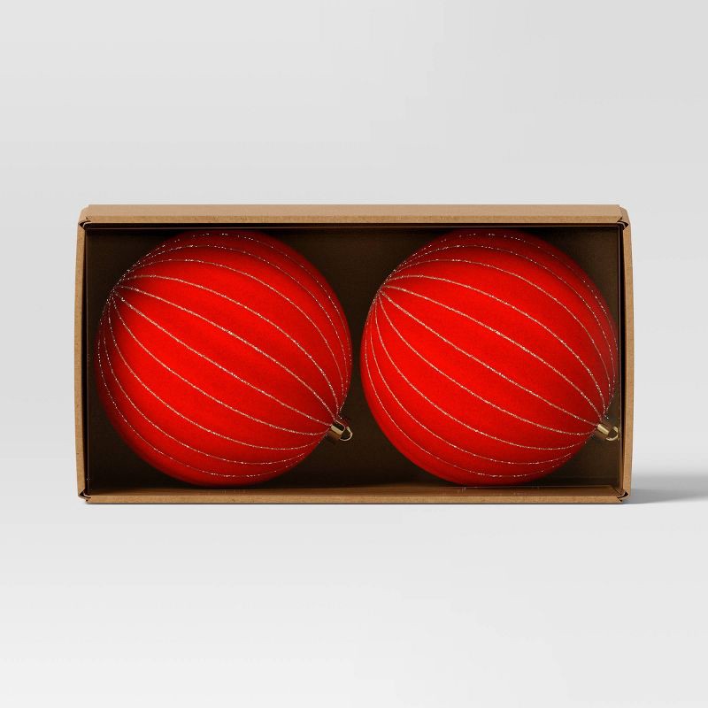 slide 3 of 4, 2ct Christmas 200mm Flocked Ribbed Glitter Ornament Set Red - Wondershop™, 2 ct