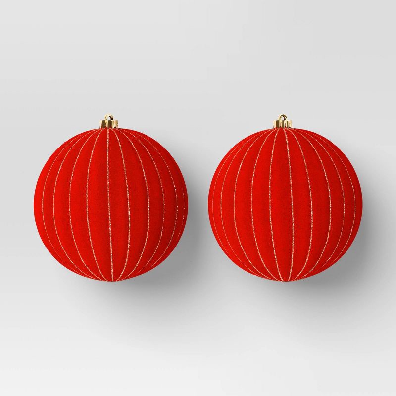 slide 1 of 4, 2ct Christmas 200mm Flocked Ribbed Glitter Ornament Set Red - Wondershop™, 2 ct