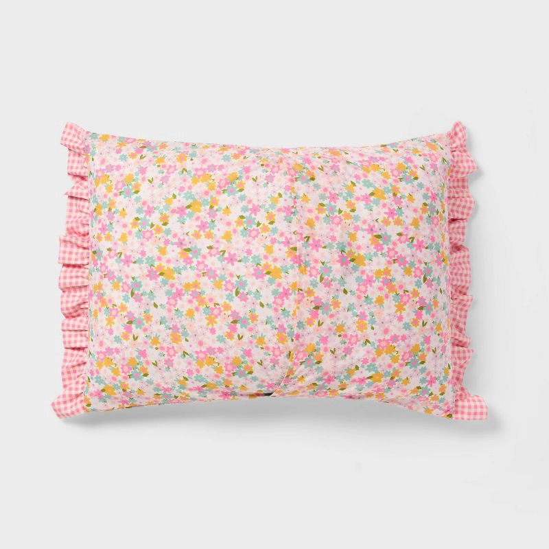 slide 5 of 5, Twin Reversible Crinkle Bow Gingham Floral Kids' Comforter Set White - Pillowfort™, 1 ct