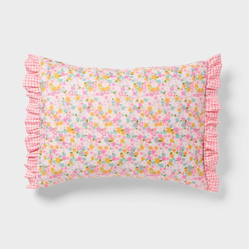 slide 4 of 5, Full/Queen Reversible Crinkle Bow Gingham Floral Kids' Comforter Set White - Pillowfort™, 1 ct