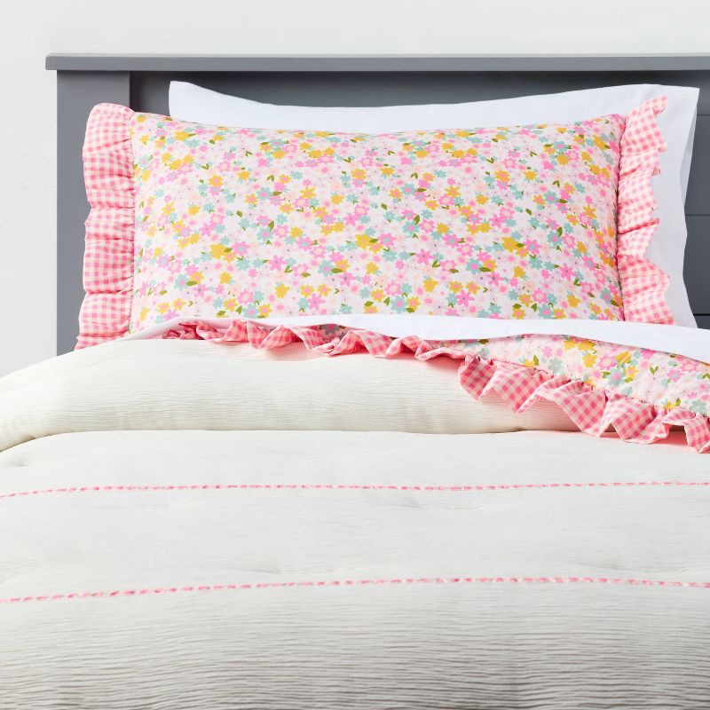 slide 1 of 5, Full/Queen Reversible Crinkle Bow Gingham Floral Kids' Comforter Set White - Pillowfort™, 1 ct