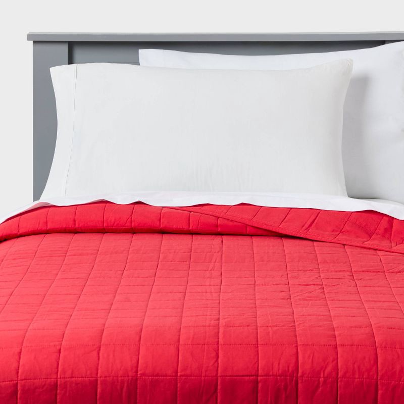 slide 1 of 3, Full/Queen Box Stitch Microfiber Kids' Quilt Berry Red - Pillowfort™, 1 ct