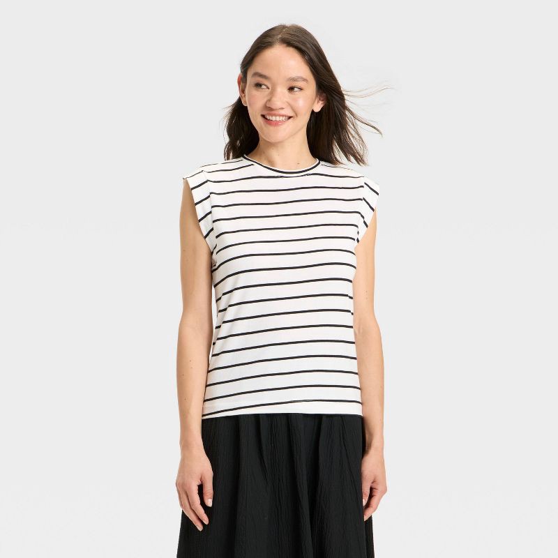 slide 1 of 3, Women's Extended Short Sleeve T-Shirt - A New Day™ White/Black Striped L, 1 ct