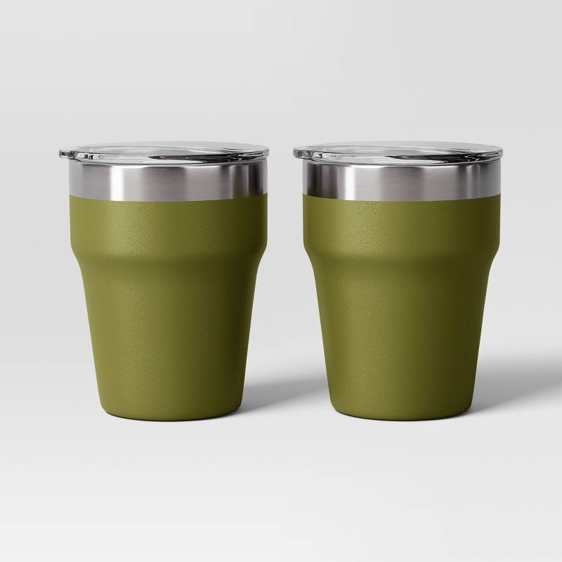 slide 1 of 3, 12oz 2pk Stacking Short Tumbler with Lid Green - Room Essentials™, 2 ct; 12 oz