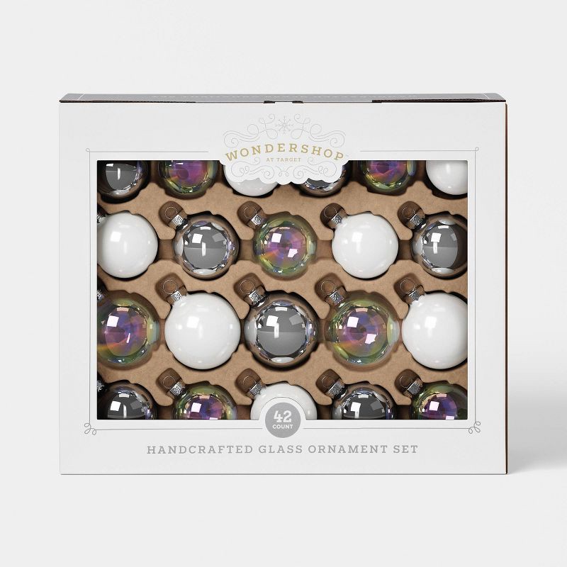 slide 3 of 4, 42pc Round Glass Christmas Tree Ornament Set Silver/Clear/White - Wondershop™, 42 ct