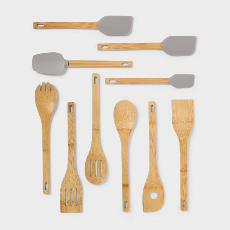 slide 1 of 3, 10pc Bamboo Utensil Set with Silicone Natural Wood - Room Essentials™, 10 ct