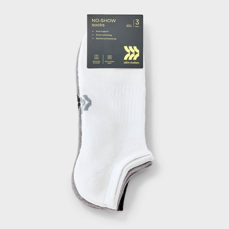 slide 2 of 3, Men's Tonal 3pk No Show Socks - All In Motion™ White/Gray/Black 6-12, 3 ct