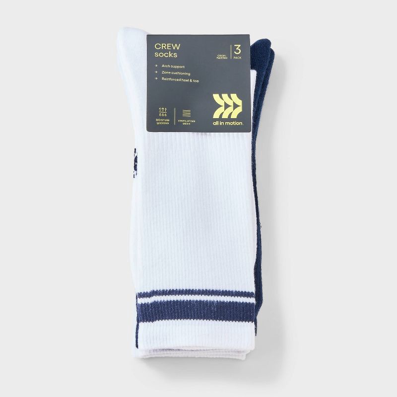 slide 2 of 3, Men's Striped Tonal Varsity 3pk Crew Socks - All In Motion™ Navy 6-12, 3 ct
