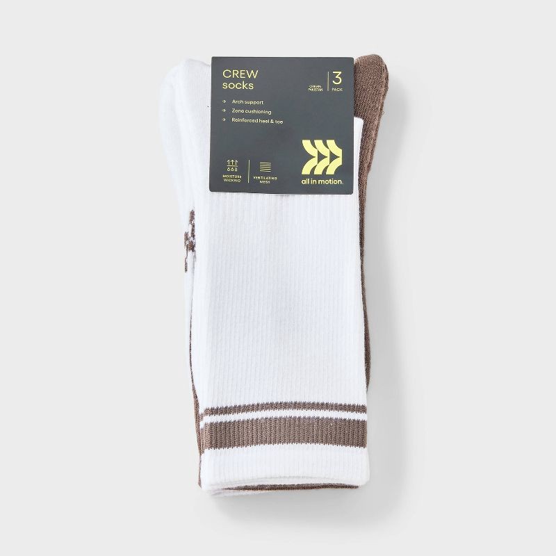 slide 2 of 3, Men's Striped Tonal Varsity 3pk Crew Socks - All In Motion™ Persuading Gray 6-12, 3 ct