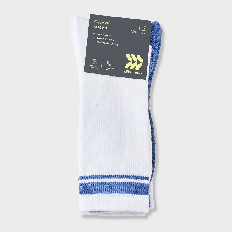 slide 2 of 3, Men's Striped Tonal Varsity 3pk Crew Socks - All In Motion™ Mudstone Blue 6-12, 3 ct