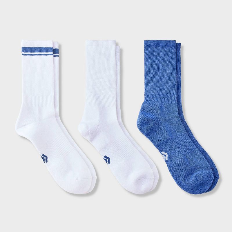 slide 1 of 3, Men's Striped Tonal Varsity 3pk Crew Socks - All In Motion™ Mudstone Blue 6-12, 3 ct