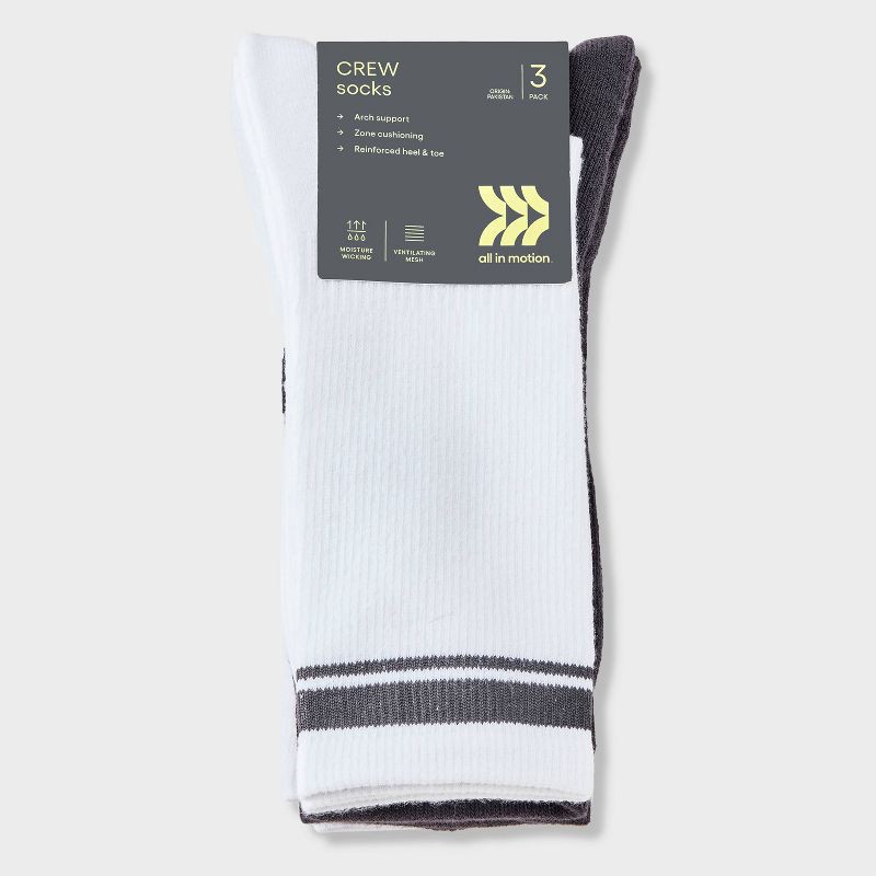 slide 2 of 3, Men's Striped Tonal Varsity 3pk Crew Socks - All In Motion™ Fitness Gray 6-12, 3 ct