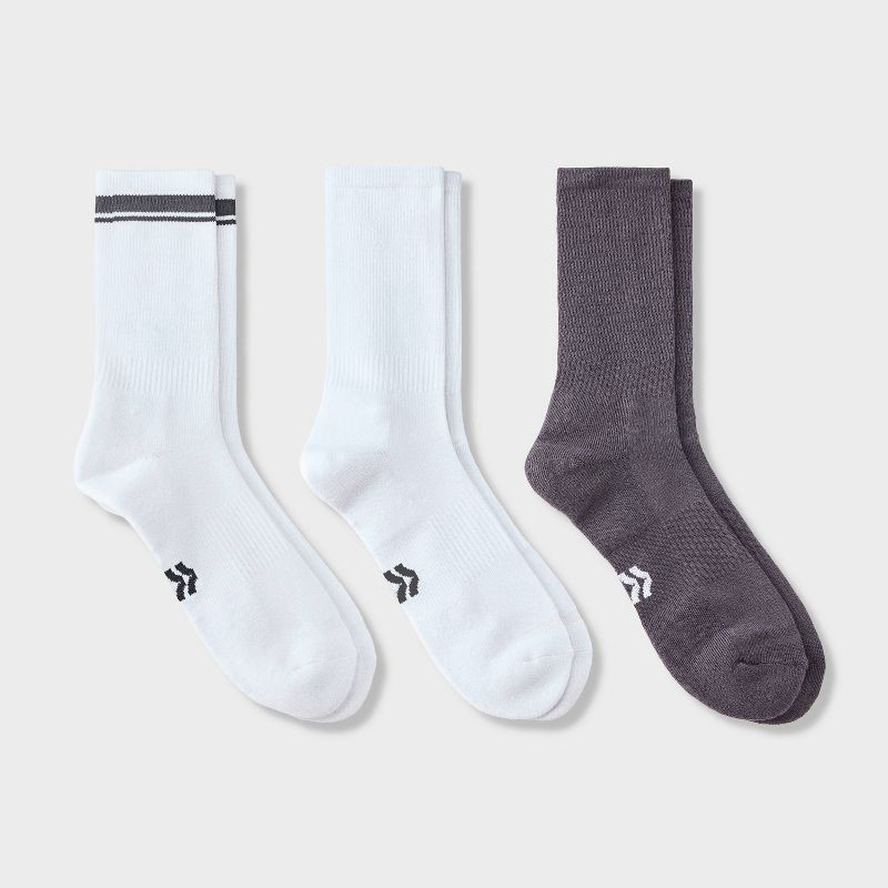 slide 1 of 3, Men's Striped Tonal Varsity 3pk Crew Socks - All In Motion™ Fitness Gray 6-12, 3 ct
