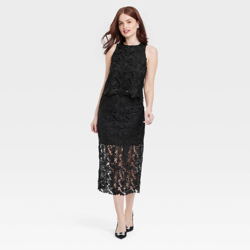 slide 3 of 3, Women's Lace Midi A-Line Skirt - A New Day™ Black XS: High Rise, Elastic Waist, Midweight Fabric, 1 ct