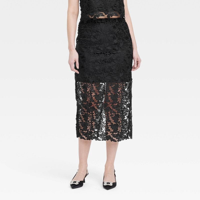 slide 1 of 3, Women's Lace Midi A-Line Skirt - A New Day™ Black XS: High Rise, Elastic Waist, Midweight Fabric, 1 ct