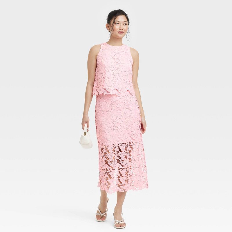 slide 3 of 3, Women's Lace Midi A-Line Skirt - A New Day™ Pink XS: Recycled Polyester, High Rise, Elastic Waistband, Machine Washable, 1 ct