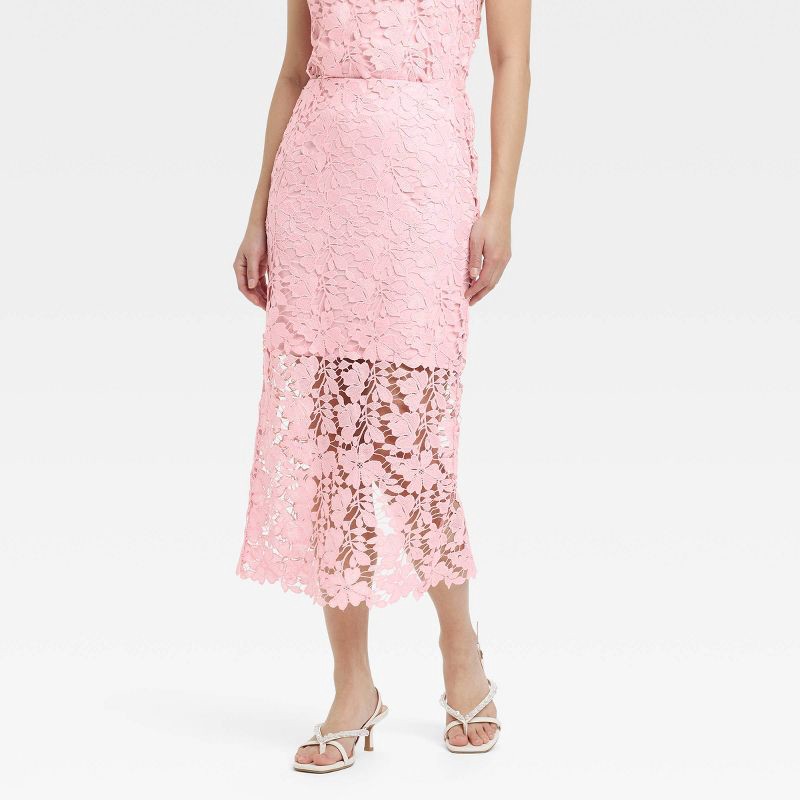 slide 1 of 3, Women's Lace Midi A-Line Skirt - A New Day™ Pink XS: Recycled Polyester, High Rise, Elastic Waistband, Machine Washable, 1 ct