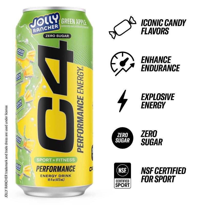 slide 2 of 8, C4 Smart Energy Performance Jolly Rancher Green Apple Energy Drink - 16 fl oz Can, 16 fl oz