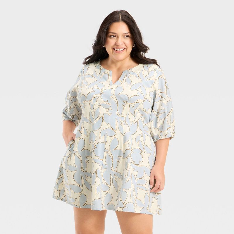 slide 1 of 3, Women's Puff Short Sleeve Corset Mini A-Line Dress - A New Day™ Blue Floral 17, 1 ct