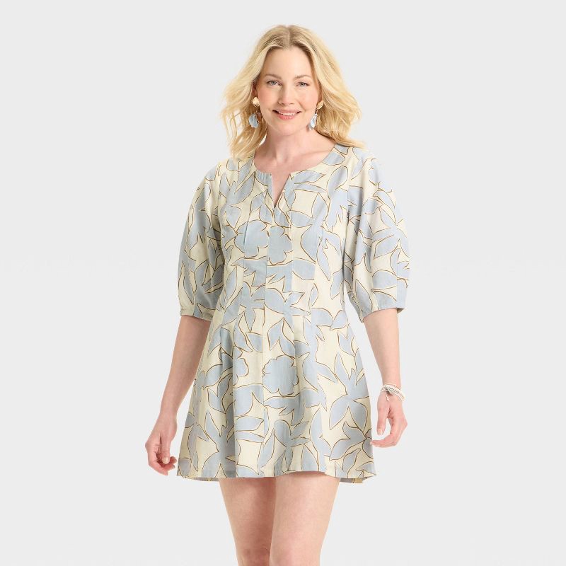 slide 1 of 3, Women's Puff Short Sleeve Corset Mini A-Line Dress - A New Day™ Blue Floral 2, 1 ct