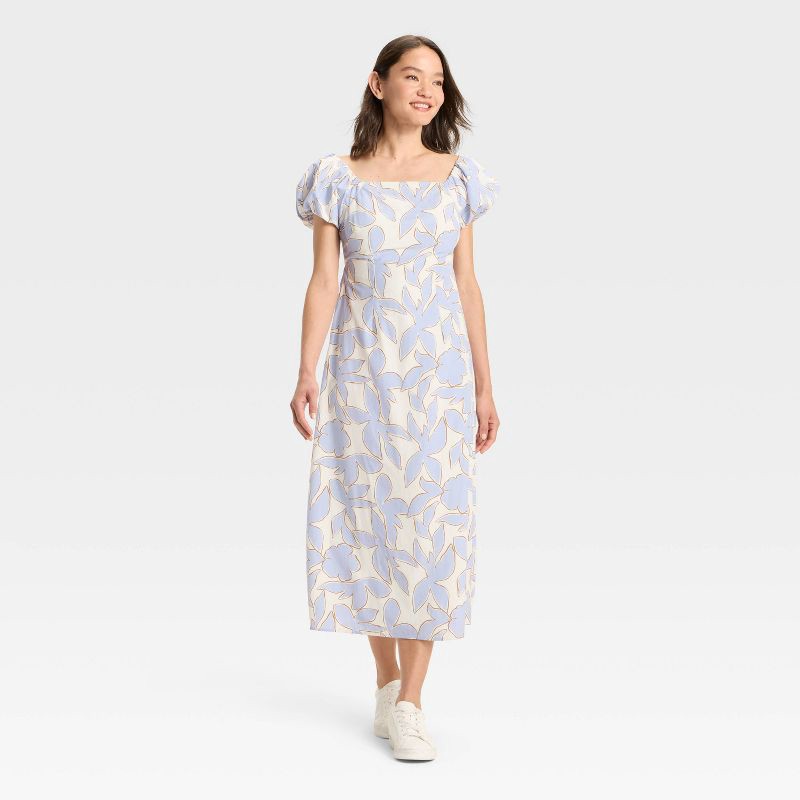 slide 1 of 3, Women's Puff Short Sleeve Maxi Dress - A New Day™ Blue/Cream Floral S, 1 ct