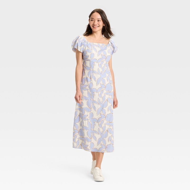 slide 3 of 3, Women's Puff Short Sleeve Maxi Dress - A New Day™ Blue/Cream Floral S, 1 ct