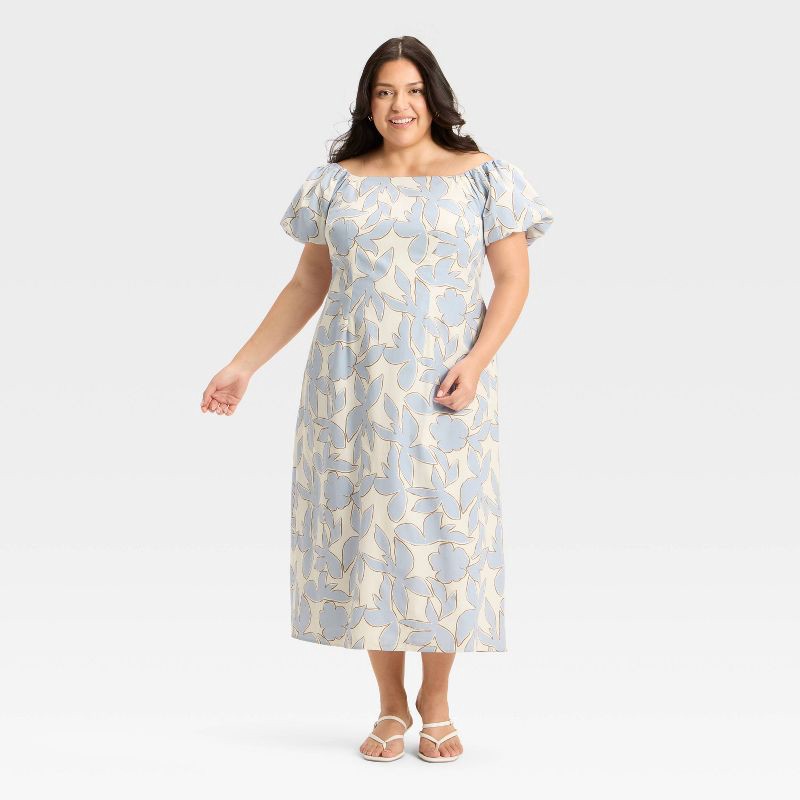slide 3 of 3, Women's Puff Short Sleeve Maxi Dress - A New Day™ Blue/Cream Floral XXL, 1 ct