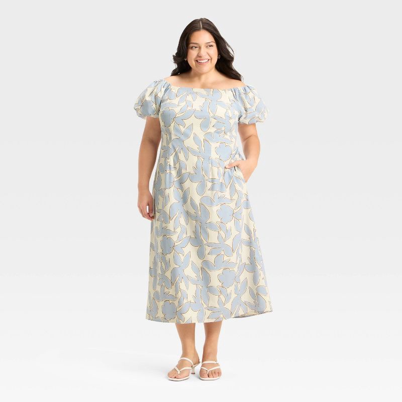 slide 1 of 3, Women's Puff Short Sleeve Maxi Dress - A New Day™ Blue/Cream Floral XXL, 1 ct