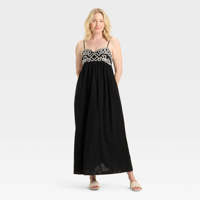 slide 1 of 3, Women's Crewel Maxi A-Line Dress - A New Day™ Black XS, 1 ct