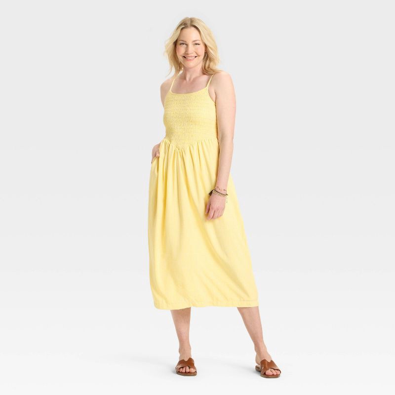 slide 3 of 3, Women's Smocked V-Waist Midi Dress - A New Day™ Yellow Gingham M, 1 ct