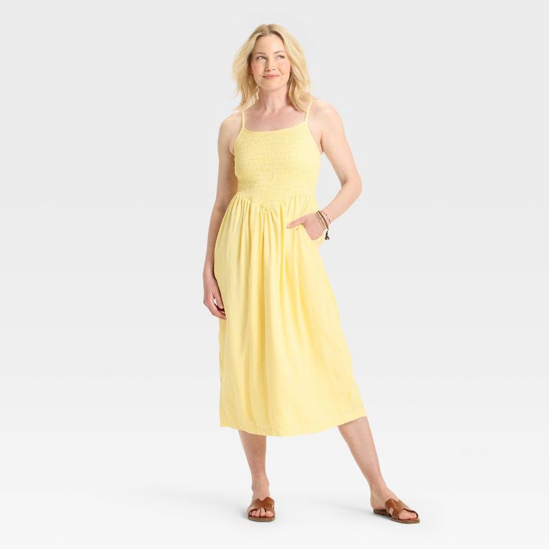 slide 1 of 3, Women's Smocked V-Waist Midi Dress - A New Day™ Yellow Gingham M, 1 ct