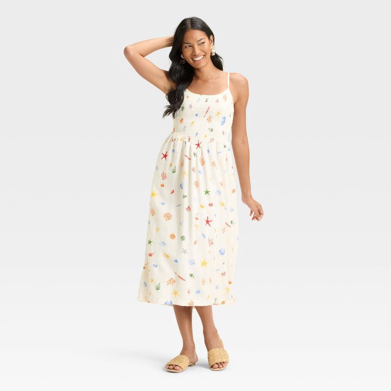slide 3 of 3, Women's Smocked V-Waist Midi Dress - A New Day™ Cream Seashell XS, 1 ct