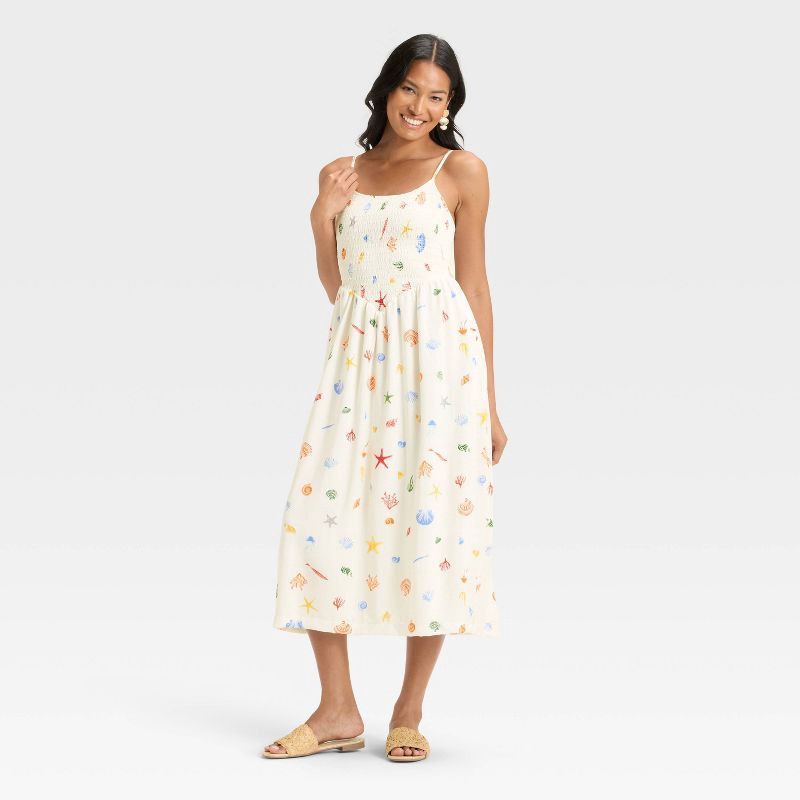 slide 1 of 3, Women's Smocked V-Waist Midi Dress - A New Day™ Cream Seashell XS, 1 ct