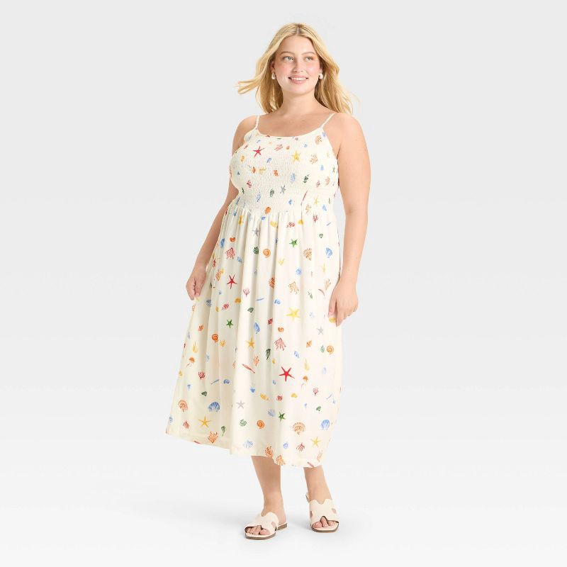 slide 1 of 3, Women's Smocked V-Waist Midi Dress - A New Day™ Cream Seashell XXL, 1 ct